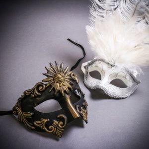 Black Gold Men Roman Greek Emperor & White Feather Women Mardi Gras Eye Mask